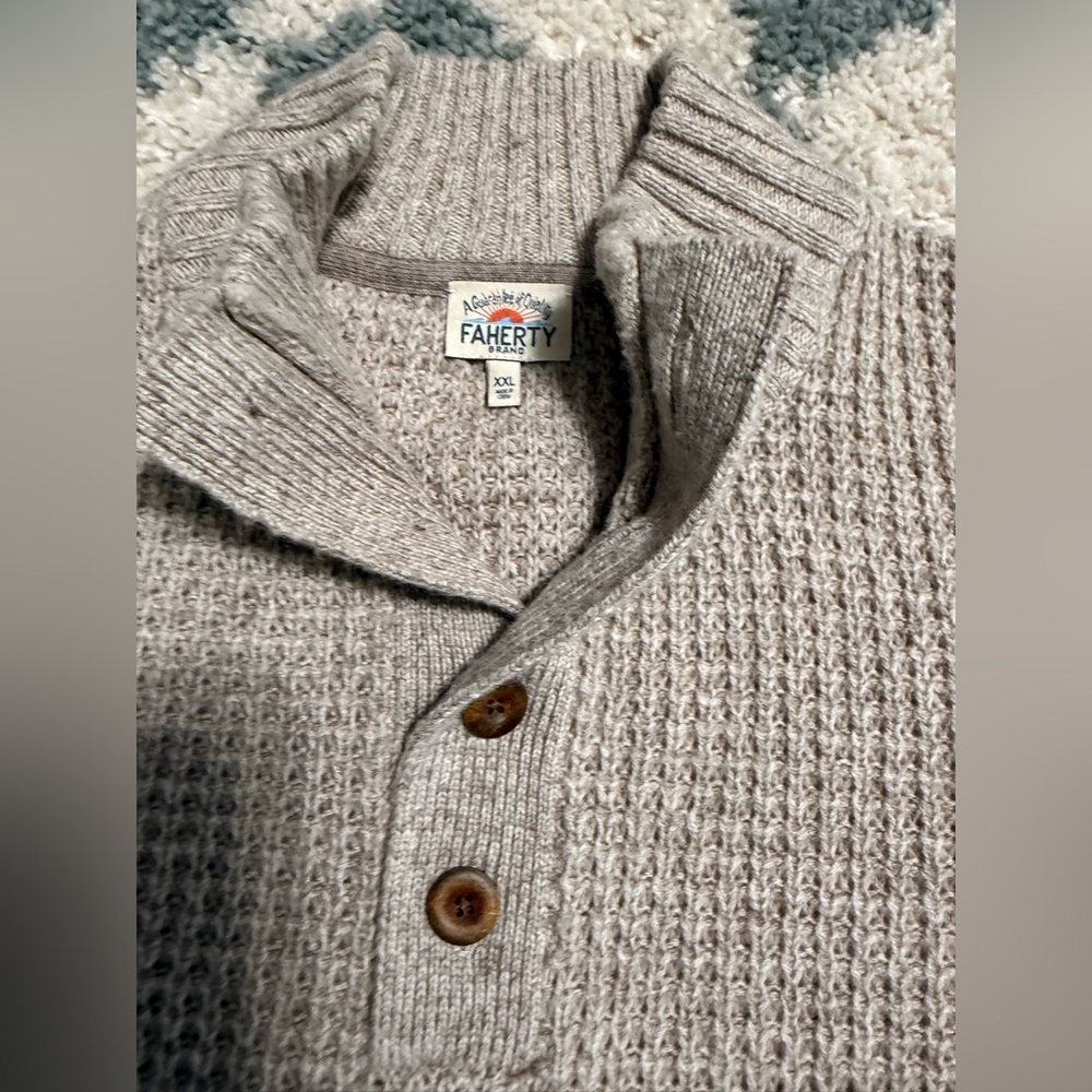 FAHERTY men's cashmere wool quarter button sweater in oatmeal marl tan Size XXL - Picture 10 of 14